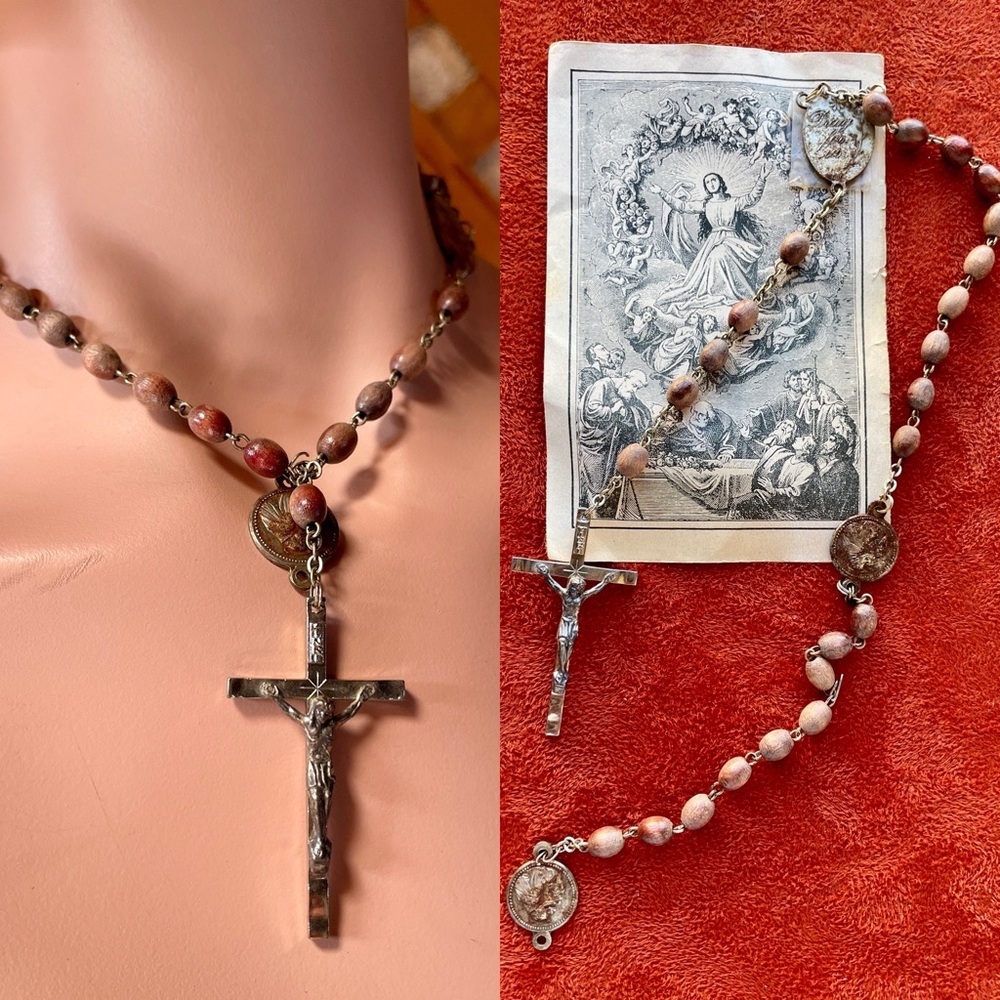 Unique Artisan VINTAGE Reworked ROSARY Cross LARIAT NECKLACE